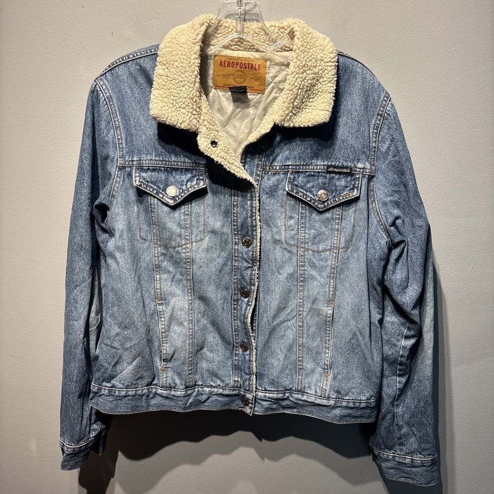 VTG  Aeropostale Denim‎ Jean Trucker Jacket Sherpa Collar Lined Y2K Biker Moto L